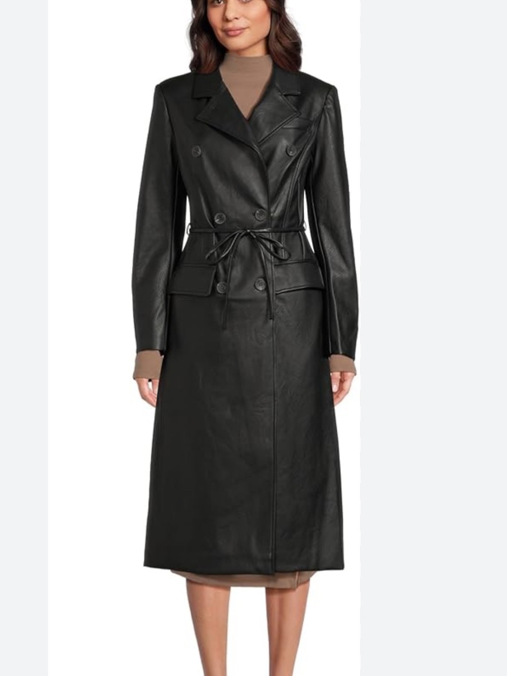 Avec Les Filles Black Faux Leather Double-Breasted Trench Coat XS